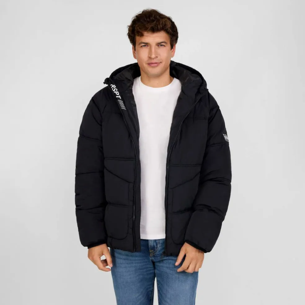 Boys quilted jacket with hood and zip pockets black