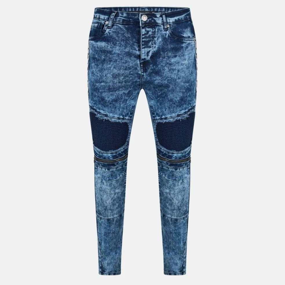 Dark Blue Wash Biker Jean with Panel Details