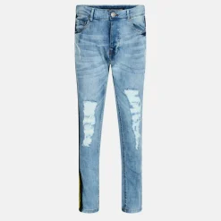 Distressed Denim Jean with Side Tape Detail