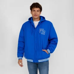 Men baseball style jacket detachable hood cobalt blue