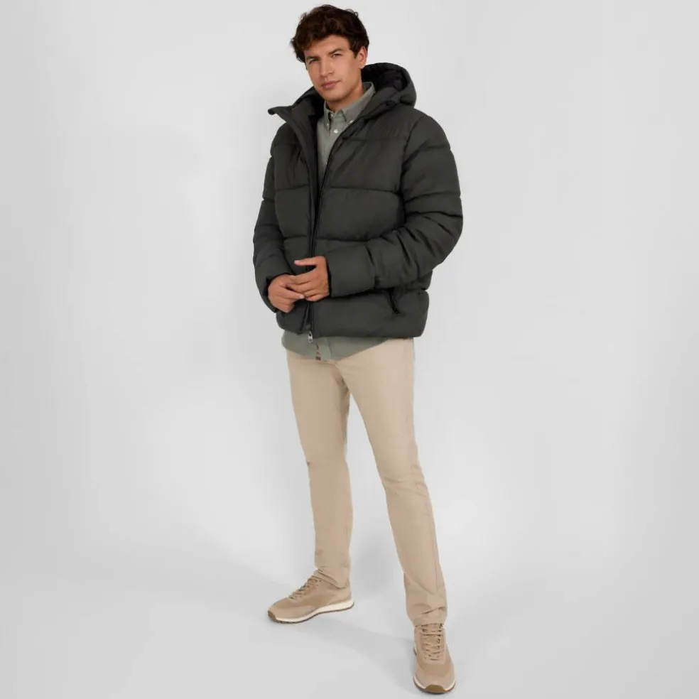 Men padded jacket with hood zip pockets khaki