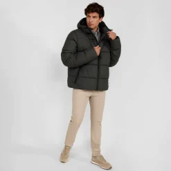 Men padded jacket with hood zip pockets khaki