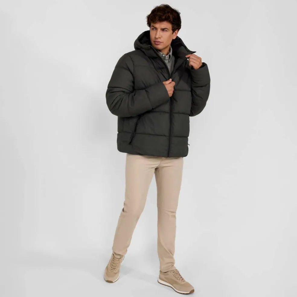 Men padded jacket with hood zip pockets khaki