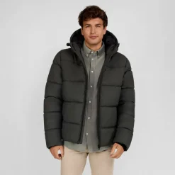 Men padded jacket with hood zip pockets khaki