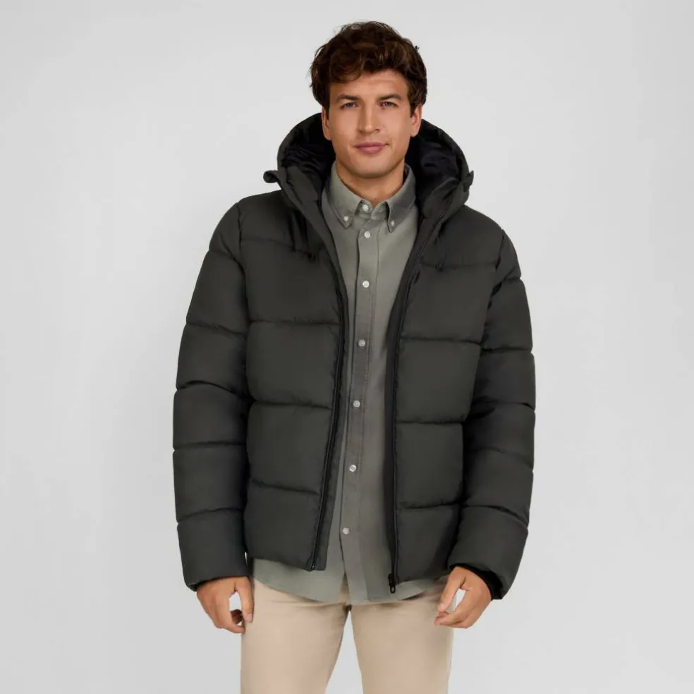 Men padded jacket with hood zip pockets khaki