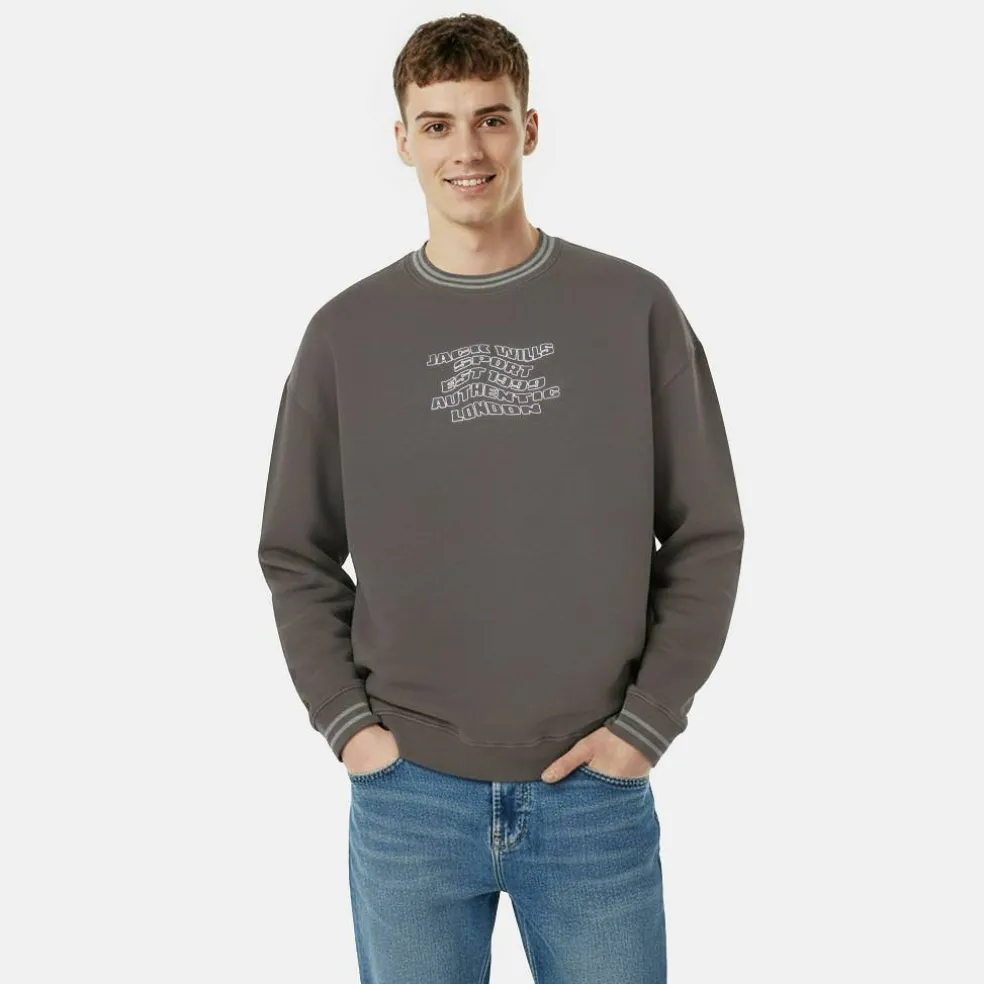 Men's Tipped Graphic Cotton Long Sleeve Oversized Fit Crew Sweatshirt